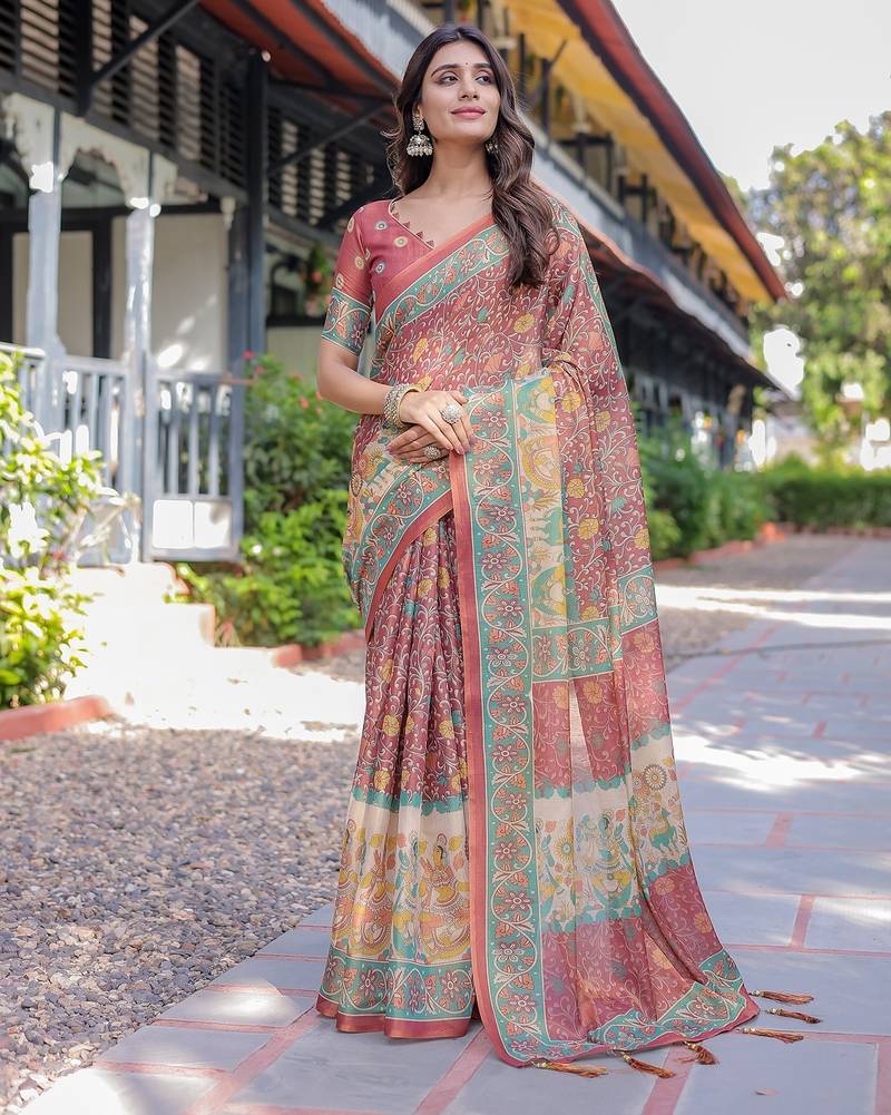 Elegant handloom cotton saree with floral print & tassel edges     5.5m + 0.8m blouse