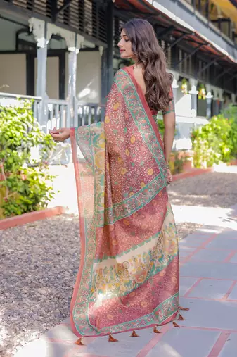 Elegant handloom cotton saree with floral print & tassel edges     5.5m + 0.8m blouse