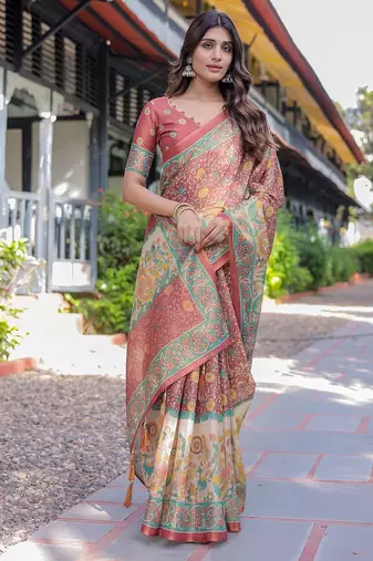 Elegant handloom cotton saree with floral print & tassel edges     5.5m + 0.8m blouse