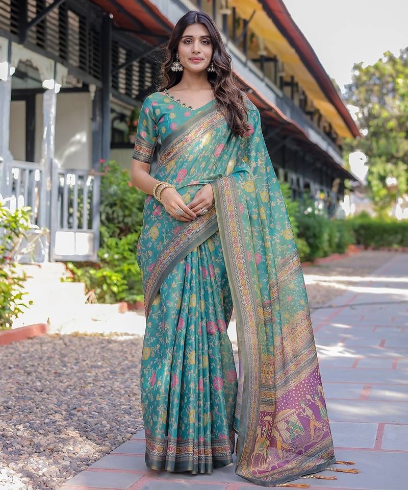 Pure cotton handloom saree with floral print and designer tassels