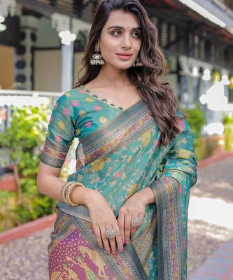 Pure cotton handloom saree with floral print and designer tassels 2