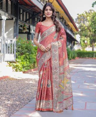 Floral printed cotton saree in handloom weave with blouse piece     5.5m 1