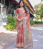 Floral printed cotton saree in handloom weave with blouse piece     5.5m