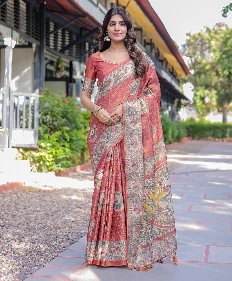 Floral printed cotton saree in handloom weave with blouse piece     5.5m