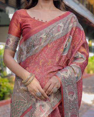 Floral printed cotton saree in handloom weave with blouse piece     5.5m 2