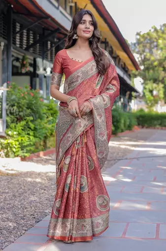 Floral printed cotton saree in handloom weave with blouse piece     5.5m