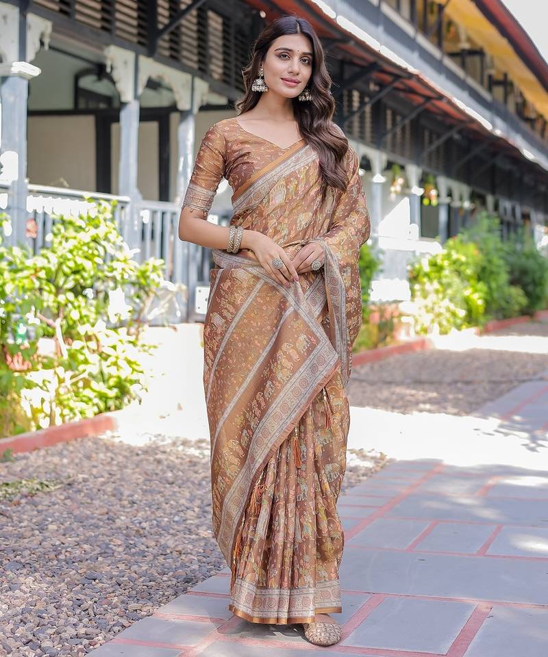 Traditional handloom cotton floral saree with matching blouse & tassel detailing