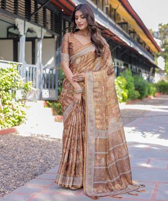 Traditional handloom cotton floral saree with matching blouse & tassel detailing 2