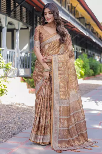 Traditional handloom cotton floral saree with matching blouse & tassel detailing