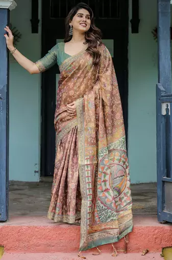 Printed floral handloom cotton saree with stylish tassel finish     ready to wear