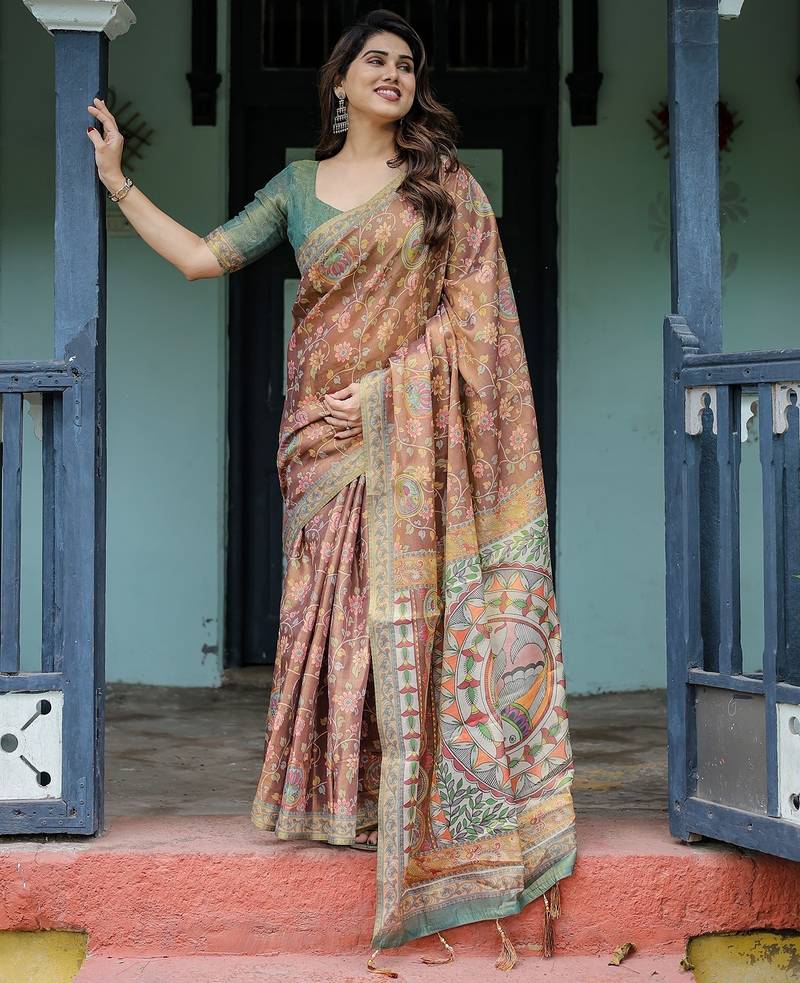Printed floral handloom cotton saree with stylish tassel finish     ready to wear
