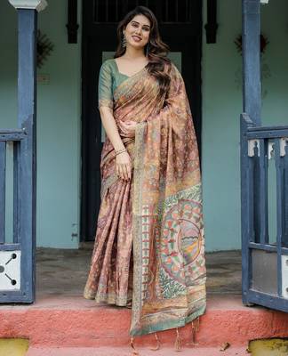 Printed floral handloom cotton saree with stylish tassel finish     ready to wear 2