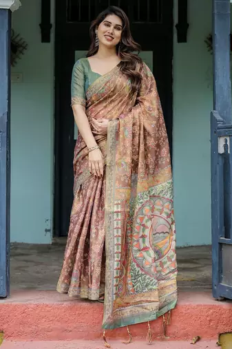 Printed floral handloom cotton saree with stylish tassel finish     ready to wear