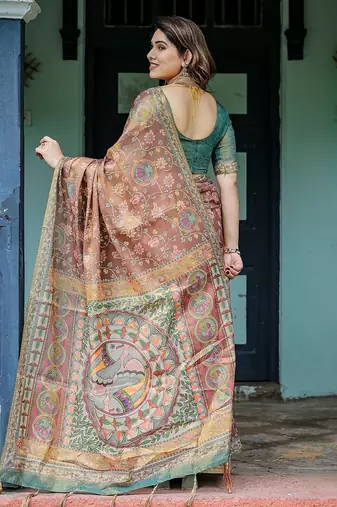 Printed floral handloom cotton saree with stylish tassel finish     ready to wear