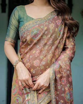 Printed floral handloom cotton saree with stylish tassel finish     ready to wear 4