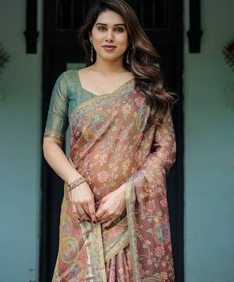 Printed floral handloom cotton saree with stylish tassel finish     ready to wear 5