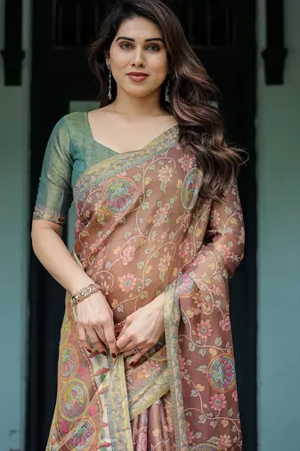 Printed floral handloom cotton saree with stylish tassel finish     ready to wear