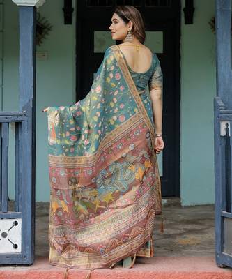 Graceful handloom cotton saree with artistic floral print & tassels 2