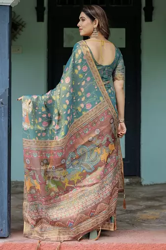 Graceful handloom cotton saree with artistic floral print & tassels