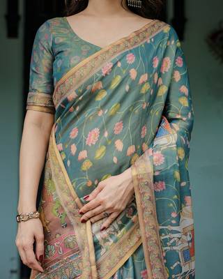 Graceful handloom cotton saree with artistic floral print & tassels 3