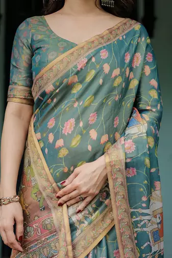 Graceful handloom cotton saree with artistic floral print & tassels