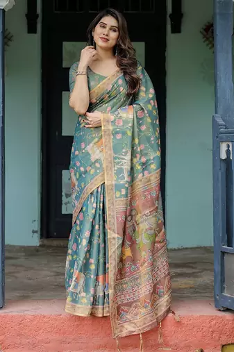 Graceful handloom cotton saree with artistic floral print & tassels