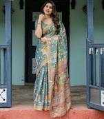 Graceful handloom cotton saree with artistic floral print & tassels