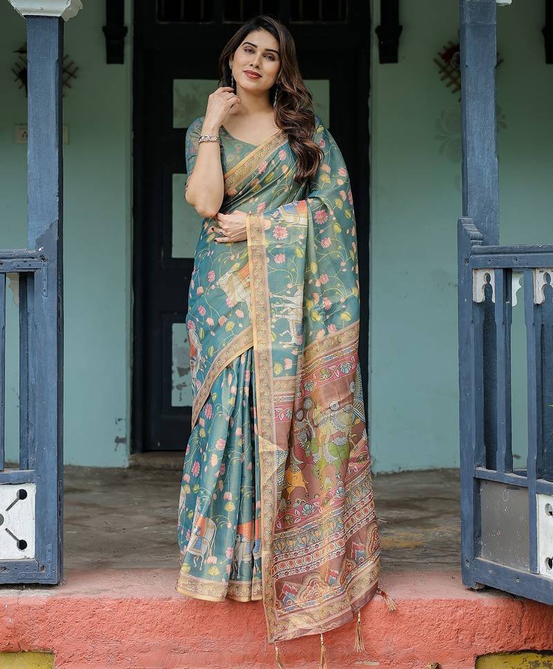 Graceful handloom cotton saree with artistic floral print & tassels