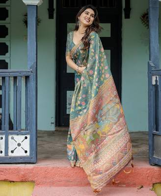 Graceful handloom cotton saree with artistic floral print & tassels 5