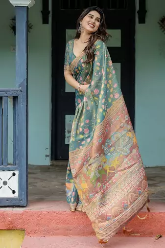 Graceful handloom cotton saree with artistic floral print & tassels