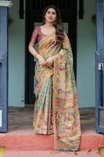 Designer floral print handloom cotton saree with tassel pallu & blouse