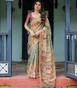 Designer floral print handloom cotton saree with tassel pallu & blouse