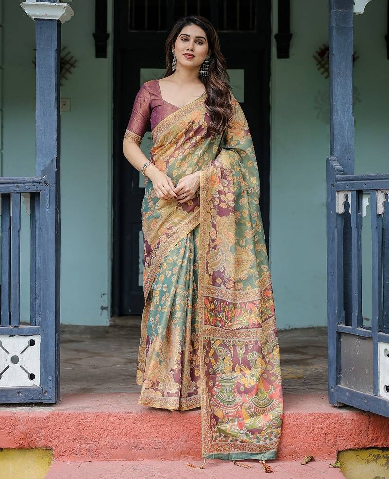 Designer floral print handloom cotton saree with tassel pallu & blouse