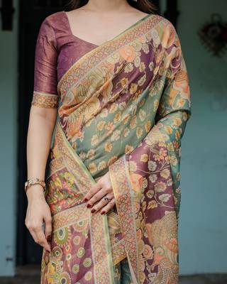 Designer floral print handloom cotton saree with tassel pallu & blouse 2