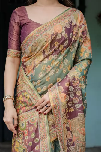 Designer floral print handloom cotton saree with tassel pallu & blouse