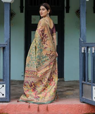 Designer floral print handloom cotton saree with tassel pallu & blouse 3