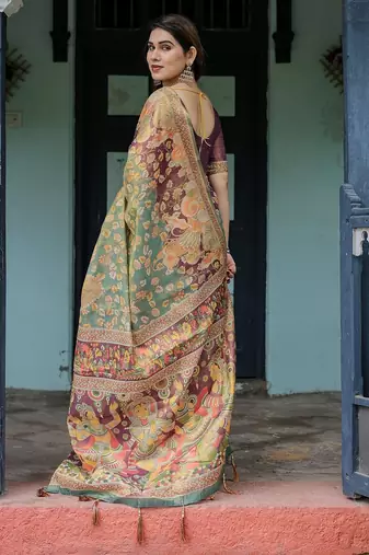 Designer floral print handloom cotton saree with tassel pallu & blouse