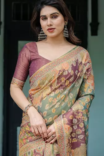 Designer floral print handloom cotton saree with tassel pallu & blouse