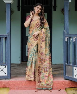 Designer floral print handloom cotton saree with tassel pallu & blouse 5