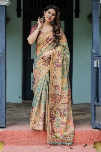 Designer floral print handloom cotton saree with tassel pallu & blouse