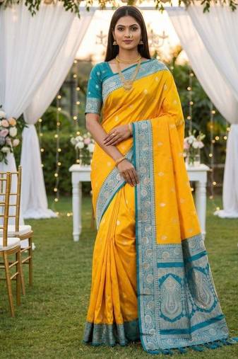 Yellow soft silk blend saree with zari weaving meenakari design