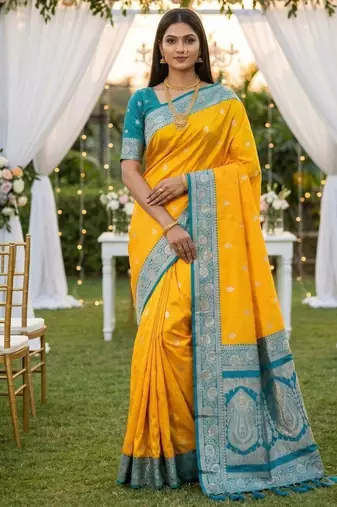 Yellow soft silk blend saree with zari weaving meenakari design