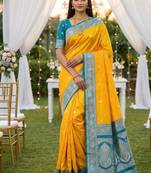 Yellow soft silk blend saree with zari weaving meenakari design