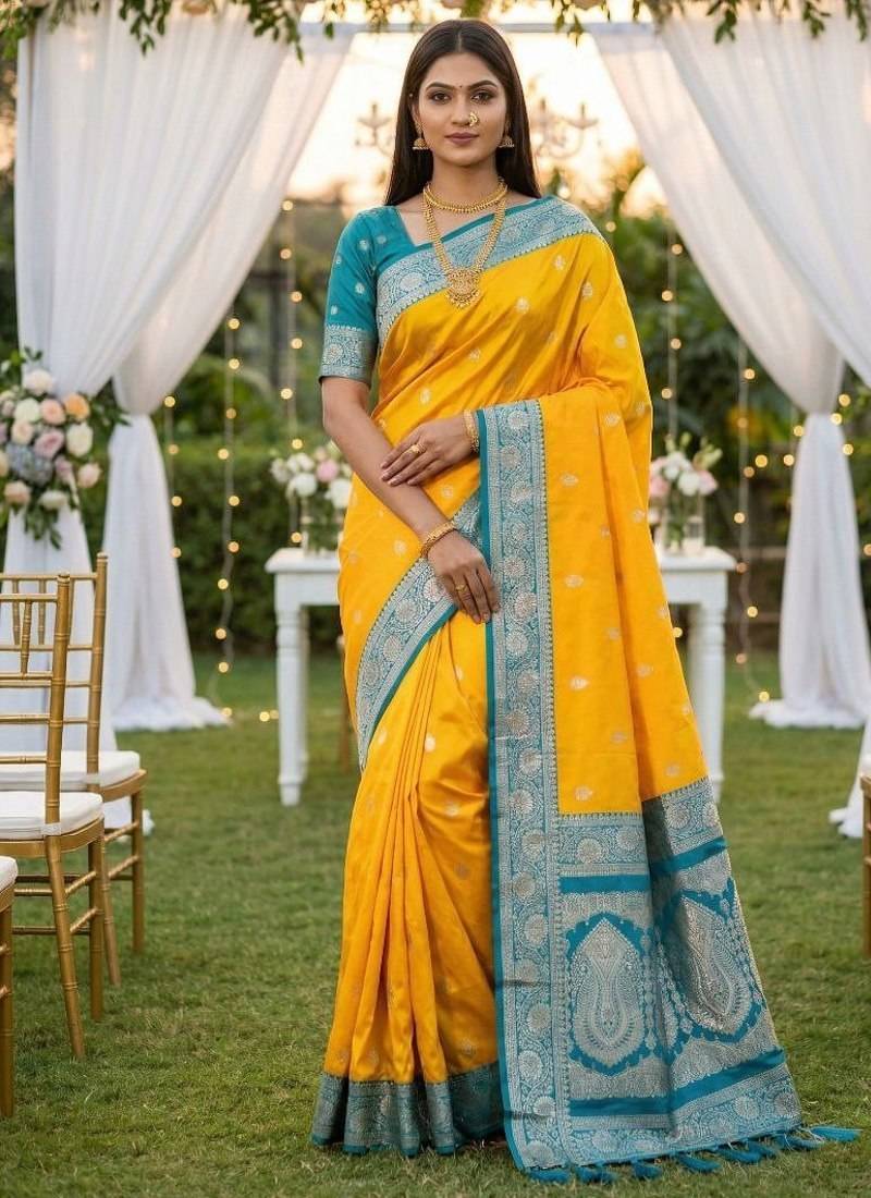 Yellow soft silk blend saree with zari weaving meenakari design