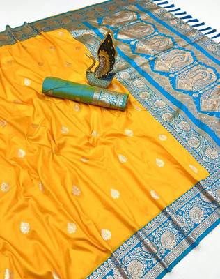 Yellow soft silk blend saree with zari weaving meenakari design 3