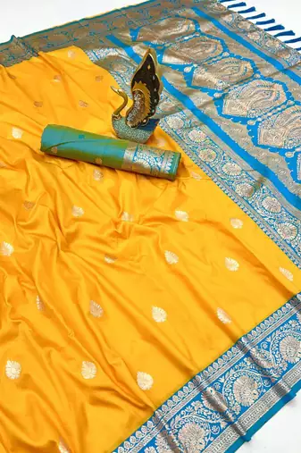 Yellow soft silk blend saree with zari weaving meenakari design