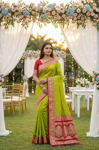 Parrot green soft silk blend saree with zari weaving meenakari design