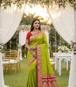 Parrot green soft silk blend saree with zari weaving meenakari design