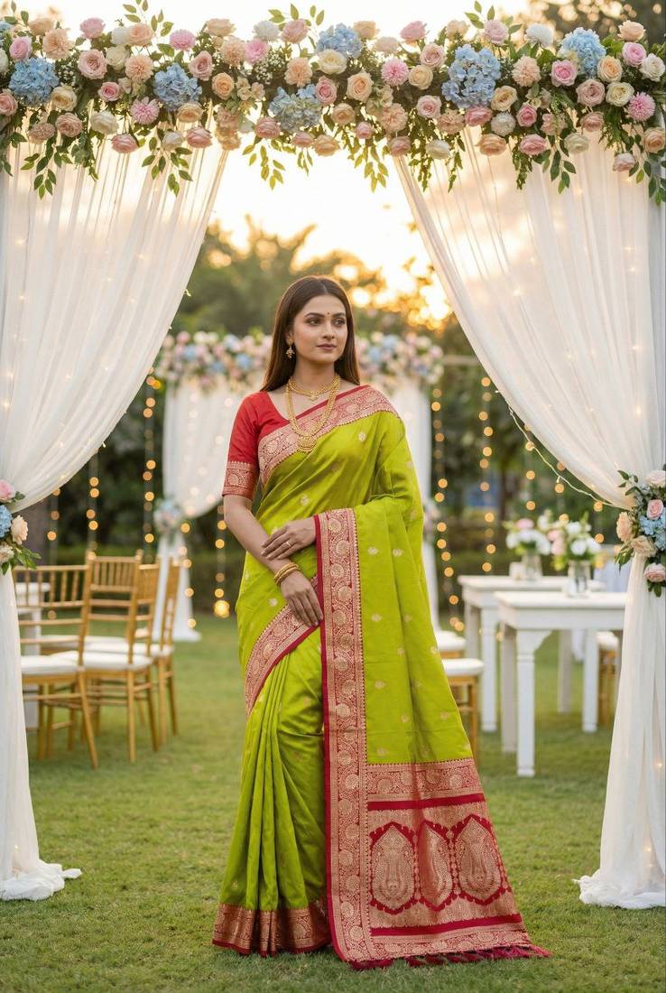 Parrot green soft silk blend saree with zari weaving meenakari design
