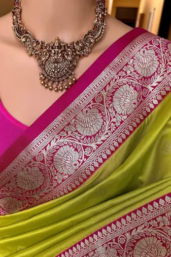 Parrot green soft silk blend saree with zari weaving meenakari design